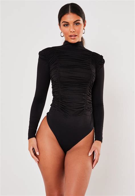 Black High Neck Ruched Long Sleeve Bodysuit Missguided