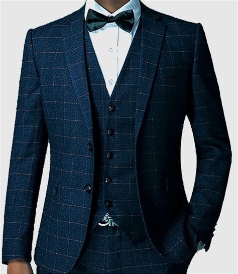 Dark Blue Check Men Suit Tailored Plaid Suits For Men Elegant Plaid