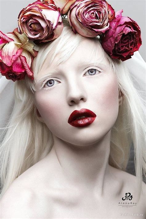 Ethereal Full Face Editorial Photography White Hair Lashes And Skin Crimson Lip And Flower