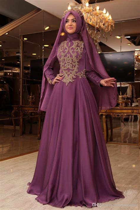 Purple Muslim Evening Dresses 2019 A Line Long Sleeves Chiffon Lace