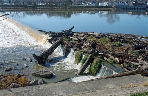 Log Jam At River Spillway Stock Photo Image Of Cement 203542602