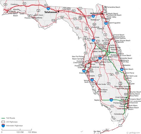A Map Of The Florida State With Roads And Major Cities On Its Sides