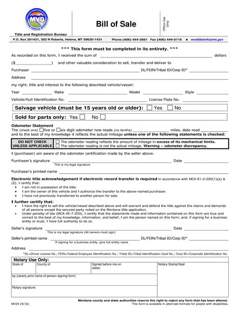 Free Montana Car Bill Of Sale Template Fillable Forms