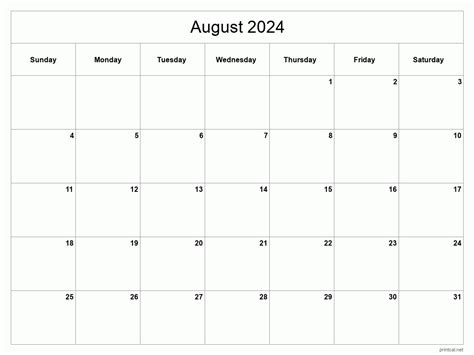 August 2024 Printable Calendar August 2024 Calendar Free Blank