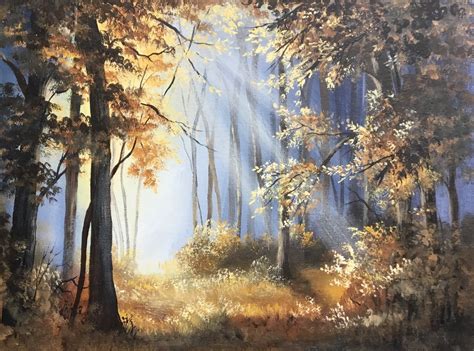 Large Acrylic Painting Woodland Sunbeams 16 X 12 By Pamela West