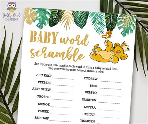 Jungle Safari Lion King Baby Shower Baby Word Scramble Game Jolly