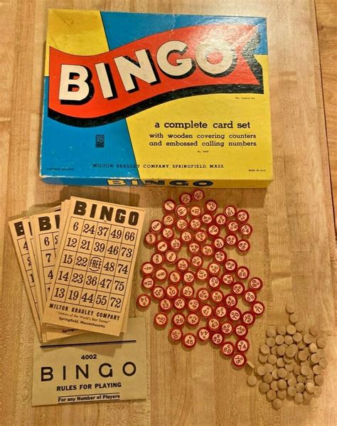 Vintage Bingo Game Milton Bradley Wooden Counters Embossed Calling