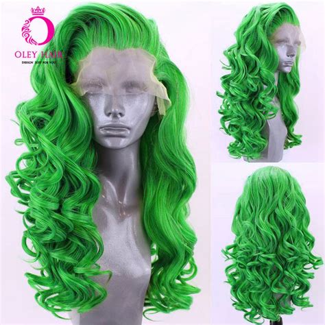 Green Synthetic Lace Front Wig Heat Resistant Loose Wave Lace Wigs Drag