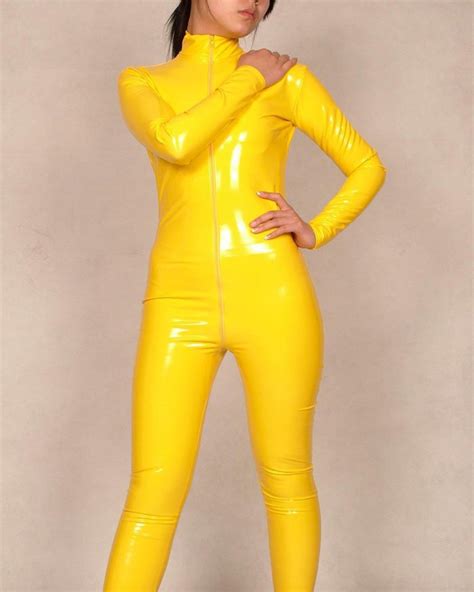 Womens Pvc Bodysuit Zentai Suit Yellow Catsuit Costume Fancy Dress S