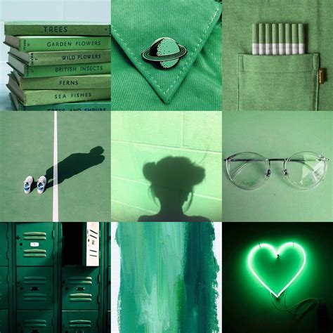 A Collage Of Green Images With Books Glasses And A Heart Shaped Object