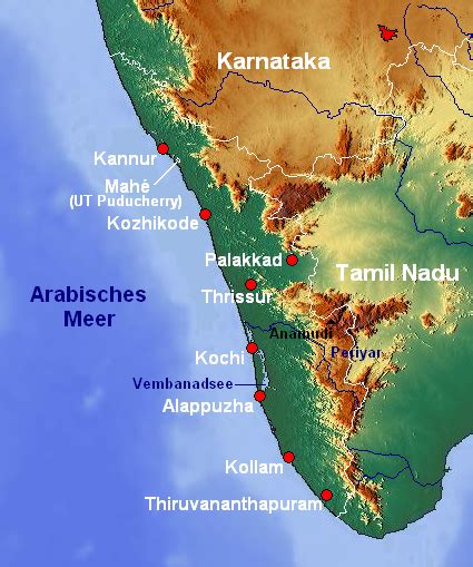 Tamil nadu, a noteworthy state located in southern india, is circumscribed with puducherry, kerala, karnataka and andhra pradesh. File:Kerala topo deutsch.png - Wikimedia Commons