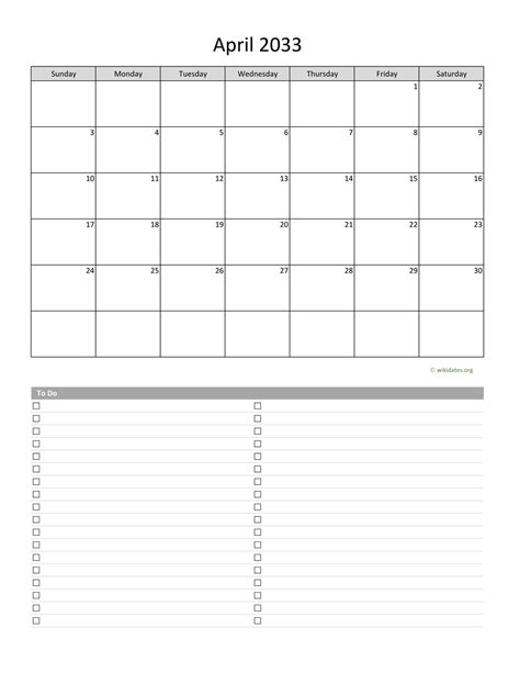 April 2033 Calendar With To Do List