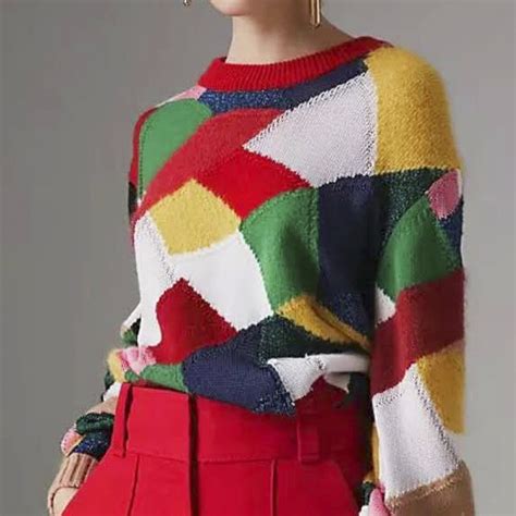 runway geometric colors patchwork sweater women 2018 fall winter fashion round neck color block