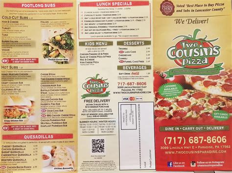 Two Cousins Pizza Menu In Paradise Pennsylvania Usa