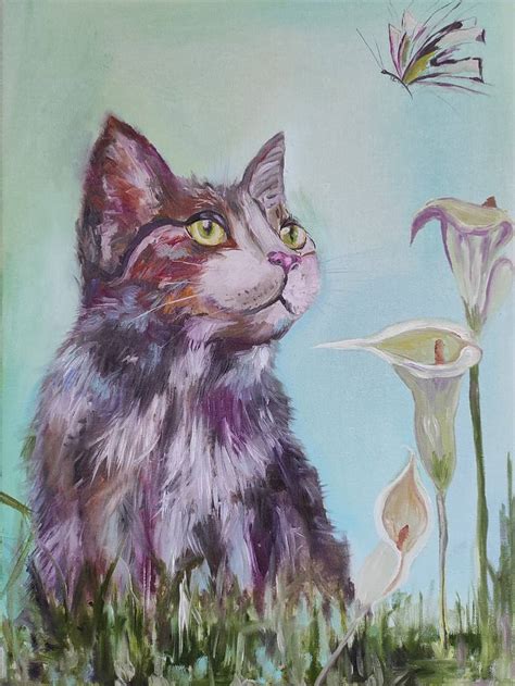 Cat And Butterfly Painting By Anna Mосковская Saatchi Art