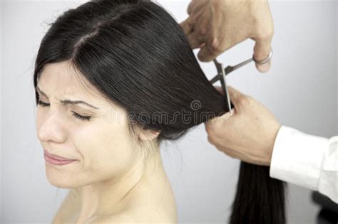 Scary Moment Long Hair Being Cut By Hairdresser Stock Image Image Of