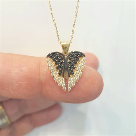14K Real Solid Gold Elegant Double Angel Wings And Heart Shape Memorial