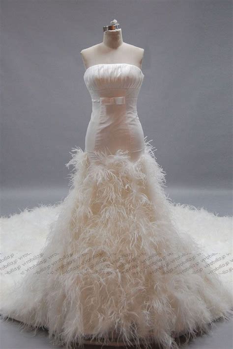 A Line Wedding Dress Strapless Cathedral Ostrich Feather 6000926