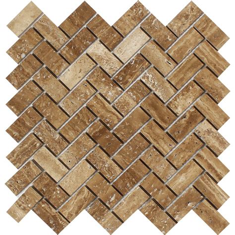 Noce Exotic Travertine Herringbone Mosaic Tile Vein Cut Brushed 1x2