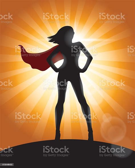 Superhero Girl Standing With Cape Waving In The Wind Silhouette Stock