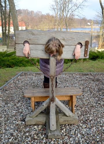 Pillory In The Lock Ryn Poland Punishment Imitation Stock Photo And