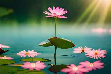 Pink Lotus Flower Floating In The Water With Leaves Ai Generated