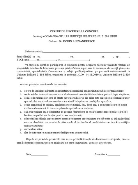 Model Cerere Inscriere Concurs
