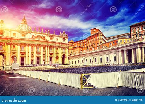 Amazing Panorama Saint Peter Square And Saint Peter Basilica At Sunset