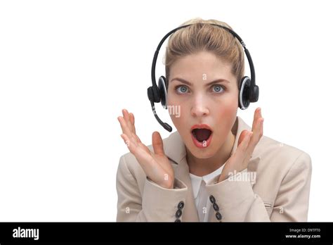 Surprised Call Center Agent With Hands Raised Stock Photo Alamy