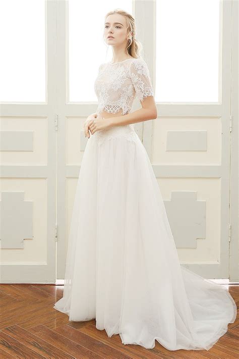 Chic A Line Short Sleeve Vintage Lace Tulle Two Piece Wedding Dress