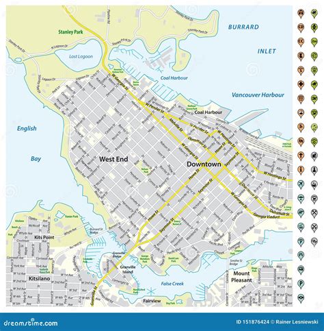 Street Map Of Downtown Vancouver With Pin Pointers And Infrastructure