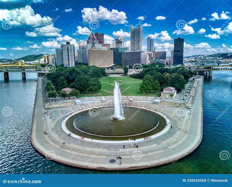 Aerial View Of Pittsburgh Downtown Skyline With Bridges On Under