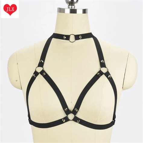 sexy women pastel goth rivet cage bra black bra cage chest gothic elastic body harness erotic