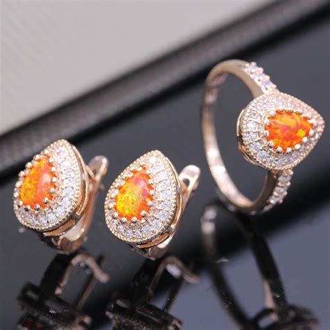 GZJY Noblest Fashion Jewelry Set Water Drop Orange Fire Opal Zirconia Champagne Gold Color Ring