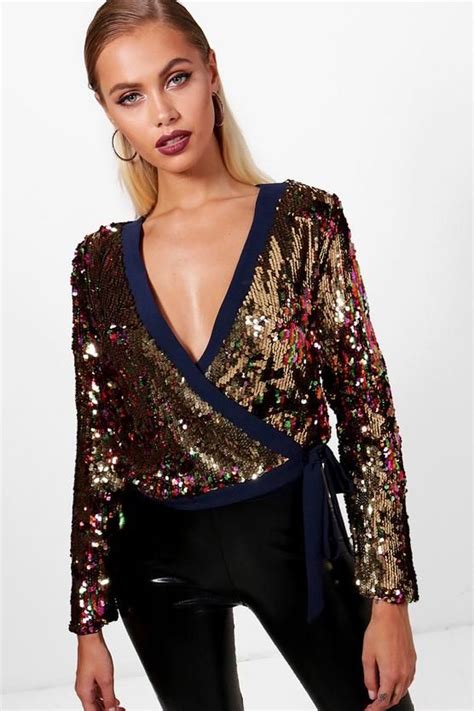 All Over Sequin Stripe Wrap Top Boohoo Sequins Top Outfit Crop Top