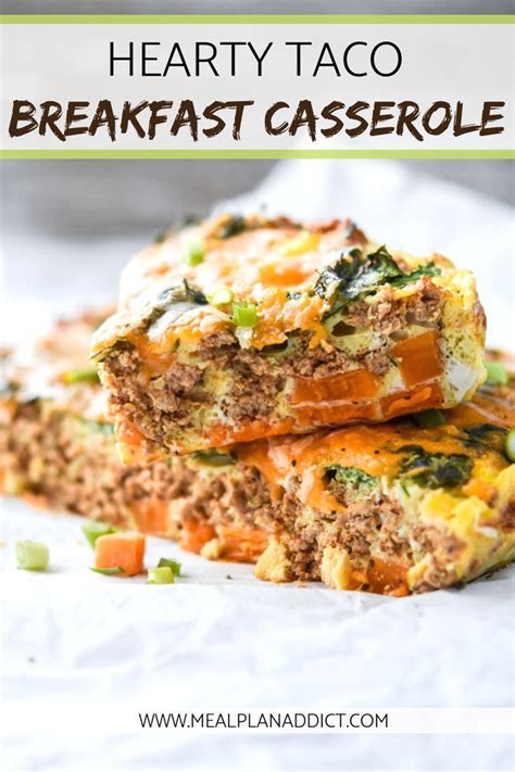 A healthy breakfast to me, means eating some sort of lean protein with veggies (because let's be real, if i eat my veggies in the morning, i won't feel bad if i that's why i love these healthy breakfast casserole bites. Hearty Taco Breakfast Casserole | Breakfast Recipes | Breakfast Casserole | Meal Prep Recipes ...