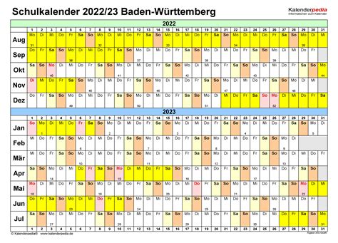 Schulkalender 20222023 Baden Württemberg Für Excel