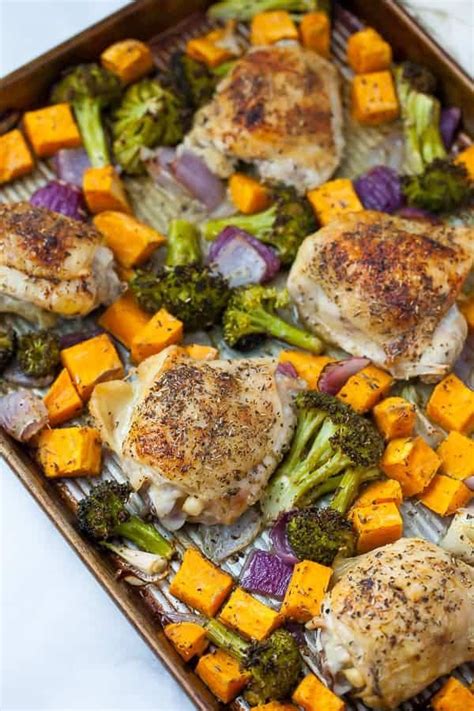 this sheet pan chicken thighs dinner is easy to make with just a few healthy ingredients by