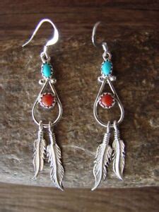 Navajo Sterling Silver Turquoise Coral Feather Dangle Earrings Spencer