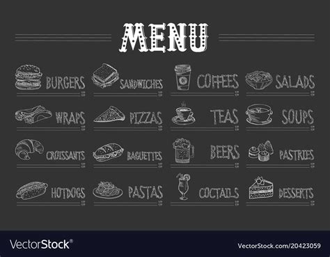 Cafe Menu With Food And Drinks On Chalkboard Vector Image