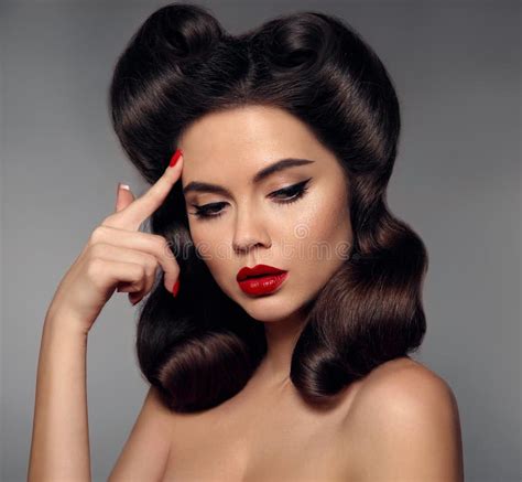 Nostalgia Pin Up Girl With Red Lips Makeup And Retro Curls Hair Stock