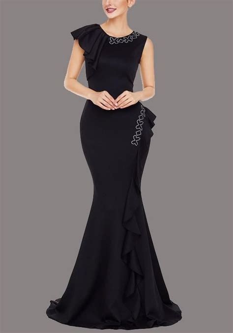 Beaded brocade embellished mermaid wedding dress. Black Ruffle Rhinestone Mermaid Prom Evening Party Maxi ...