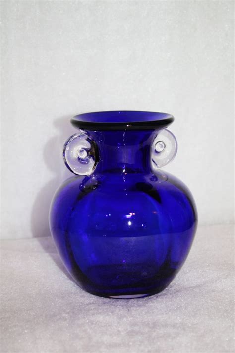 Vintage Cobalt Blue Glass Vase Clear Glass Handles Very Pretty Made