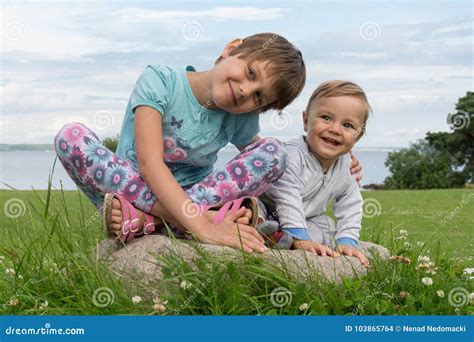 Barefoot Boy Crawling On The Grass Stock Photo Image Of Caucasian