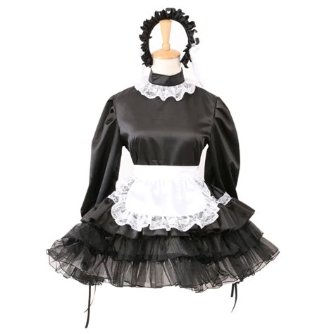 sissy black satin maid dress lockable french uniform costume foe men women maid dress lockable