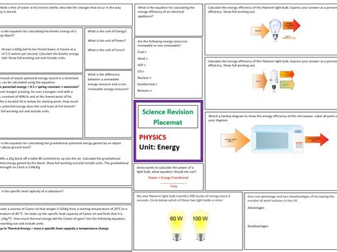 Energy Revision Sheet For Aqa Gcse Combined Science Trilogy Includes
