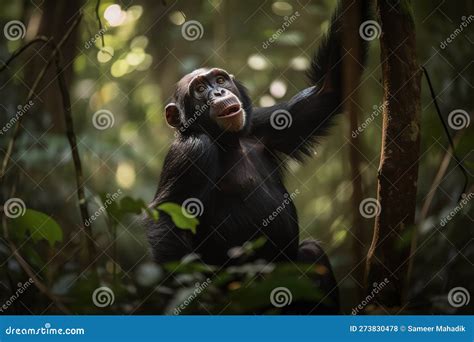 A Playful And Social Chimpanzee Swinging Through The Trees Showing Off