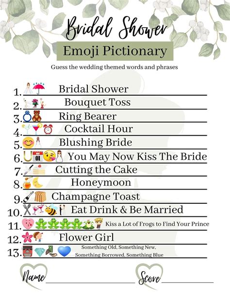 Bridal Shower Emoji Pictionary Free Printable