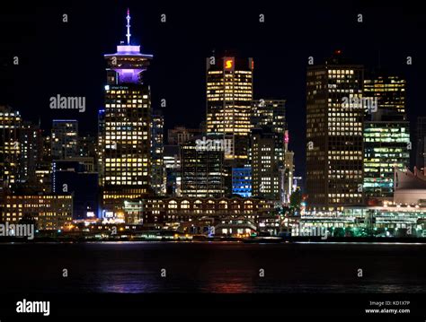 Vancouver Canada Skyline On The Waterfront At Night Harbour Centre And