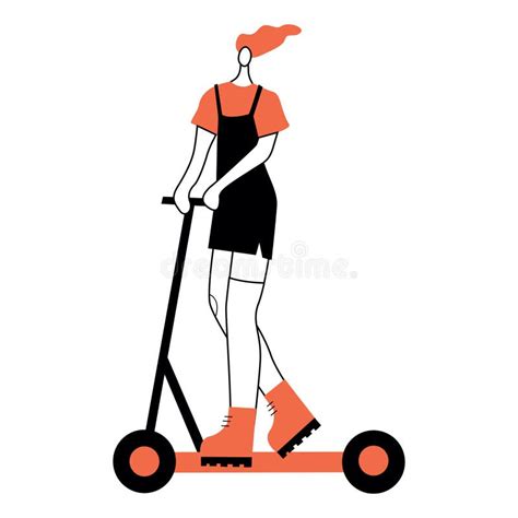 Vector Illustration With Woman Riding Kick Scooter Cartoon Charcater